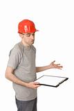 Senior man builder in a red helmet