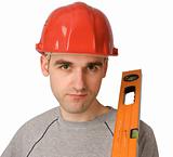 Senior man builder in a red helmet