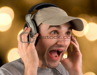 shocked man listening music