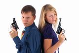 couple holding guns over white background