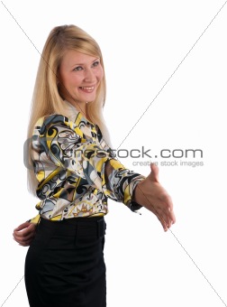 Businesswoman greeting on white background.
