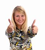 happy young woman showing thumbs up sign