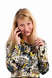 cute young girl talking on mobile phone against white background