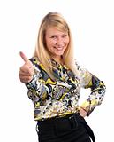 Happy smiling businesswoman with thumbs up gesture, isolated on white background