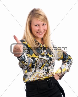 Happy smiling businesswoman with thumbs up gesture, isolated on white background