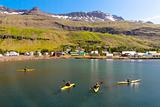 Tourist in Kayak. In background Seydisfjordur village - Iceland