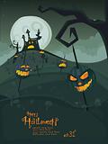 Vector Halloween template with night landscape, evil pumpkins, spooky naked tree, graveyard and haunted house with glowing moon and clouds in the back.