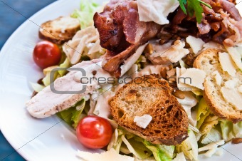 Fresh fruits salad and ham with tomatoes