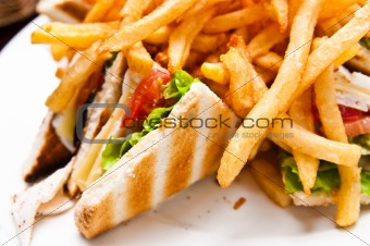 Sandwich chicken, cheese and golden French fries potatoes