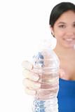 beautiful woman with bottle of water over white  