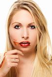 beautiful blonde woman after eating chocolate
