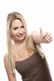 beautiful blonde woman showing thumbs up