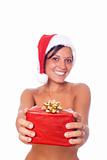 Sexy Topless Woman with Santa Hat and Christmas Gifts