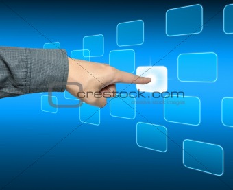 businessman hand pushing a button on a touch screen interface