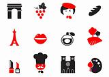 Retro Paris Culture, French Culture & Cuisine  icons set - red, 