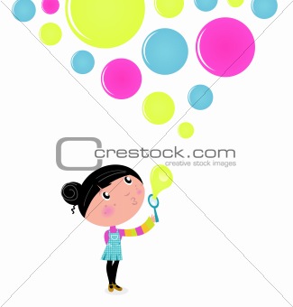 Cute little Girl blowing Soap bubbles isolated on white
