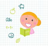 Cute reading blond Girl reading Book, School icons & elements
