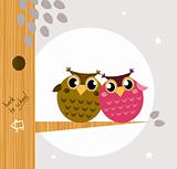 Two cute owl friends sitting on the branch
