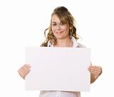 Woman holding white board with copy space