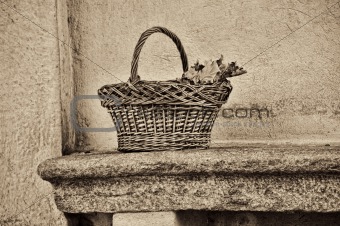 wicker basket on a bench