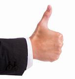 Businessman's hand with thumb up on white