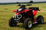 Red quad bike (ATV)  on green field. 