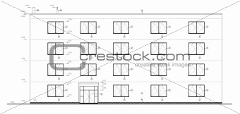 Construction drawing of a small administration building. Black and white vector illustratration.