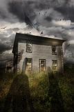 Old abandoned house with flying ghosts