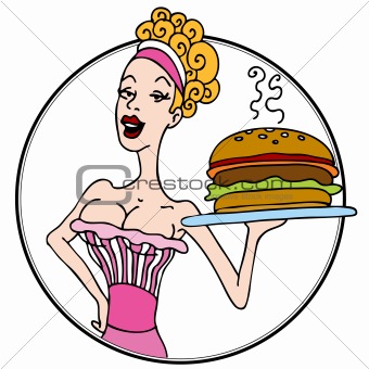 Old Fashioned Diner Waitress Serving Hamburger