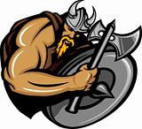 Viking Norseman Mascot Cartoon with Ax and Shield