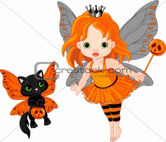 Cute Halloween baby fairy and cat