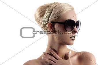 fashion shot of blond girl with sunglasses gold lips