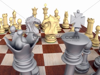 Metal chess set on wooden board, knights confronting.