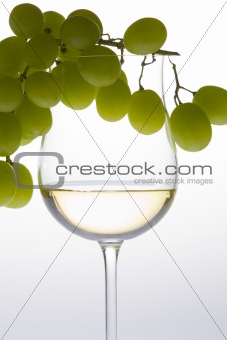 wineglass with white wine and grape