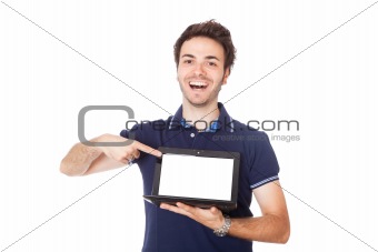 Man Holding Netbook with Blank Screen