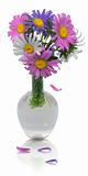 Beautiful bouquet of asters in vase with falling petals