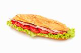 sandwich of sausage  with lettuce and tomato 