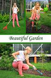 Collage. Beautiful casual woman gardening