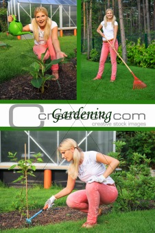 Collage. Beautiful casual woman working in garden