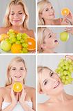 Collage. beautiful healthy woman with many fresh fruits
