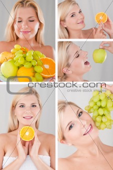 Collage. beautiful healthy woman with many fresh fruits