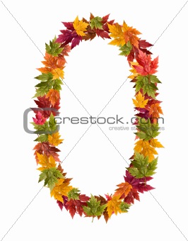 The number 0 made from autumn maple tree leaves