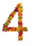 The lnumber 4 made from autumn maple tree leaves