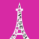 Retro Paris Eiffel Tower silhouette with icons isolated on pink
