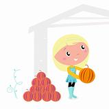 Thanksgiving cute Child with pumpkin heads isolated on white

