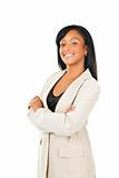 Smiling black businesswoman with arms crossed