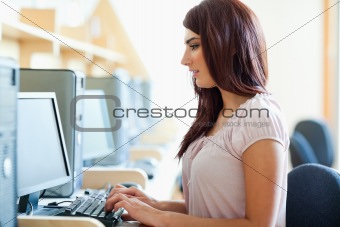 Brunette student working with a computer