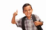 Happy Young Hispanic School Boy with Thumbs Up and Backpack Ready for School Isolated on a White Background.