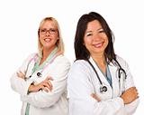 Two Female Doctors or Nurses Isolated on a White Background.