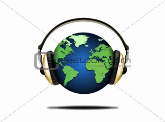 illustration of earth globe and headphones, world music concept